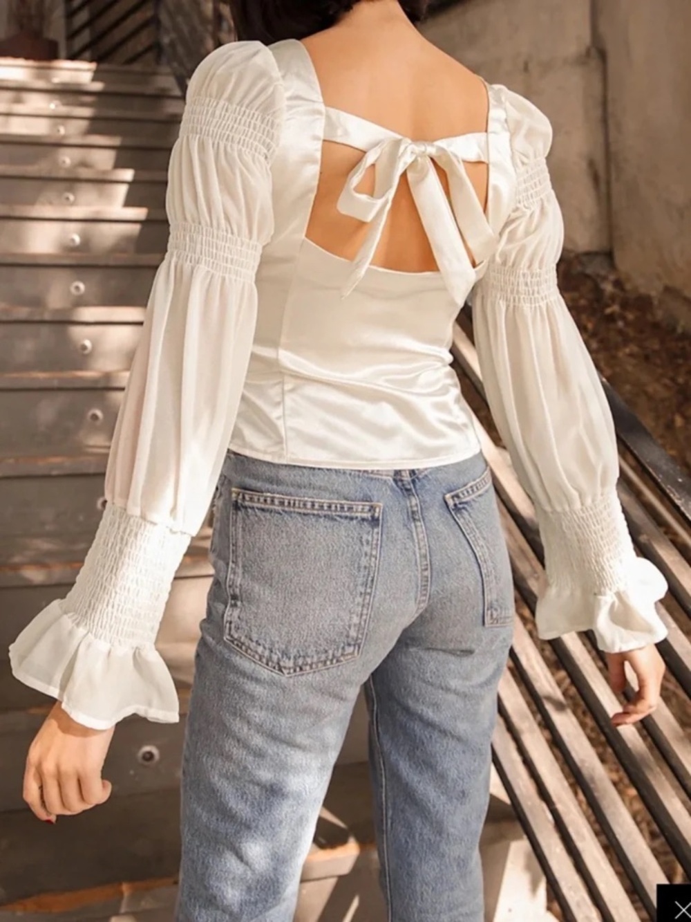 NWT Lulus Style Streak Ivory Satin Tie-Back Square-Neck Blouse L